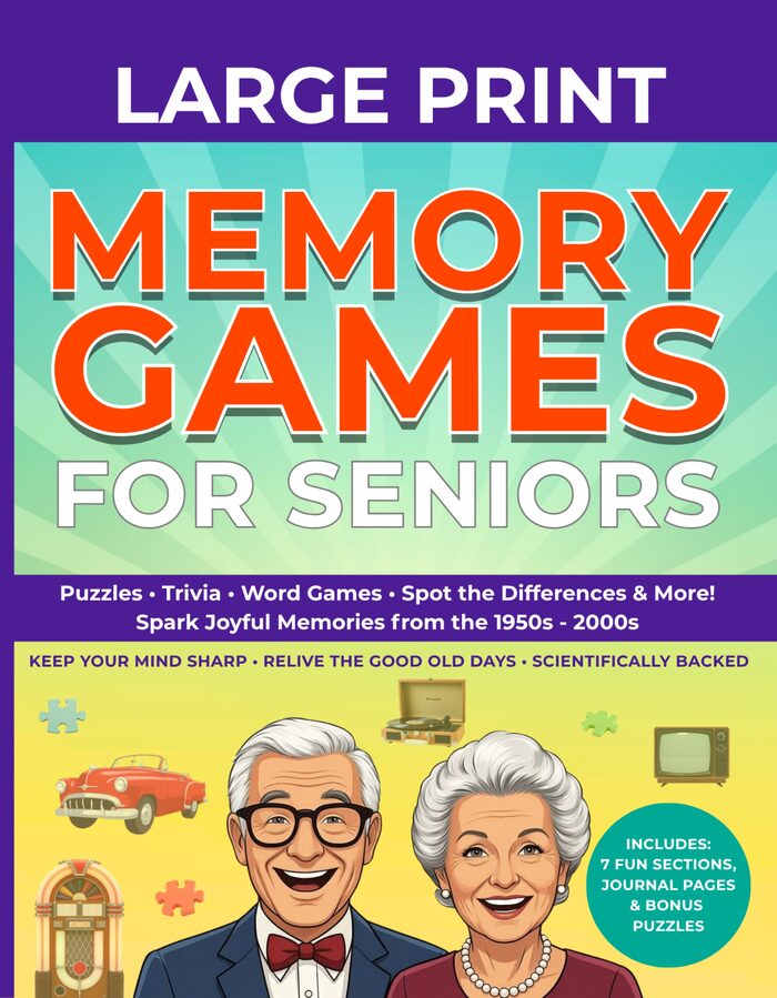 Memory Games for Seniors, large print, book cover